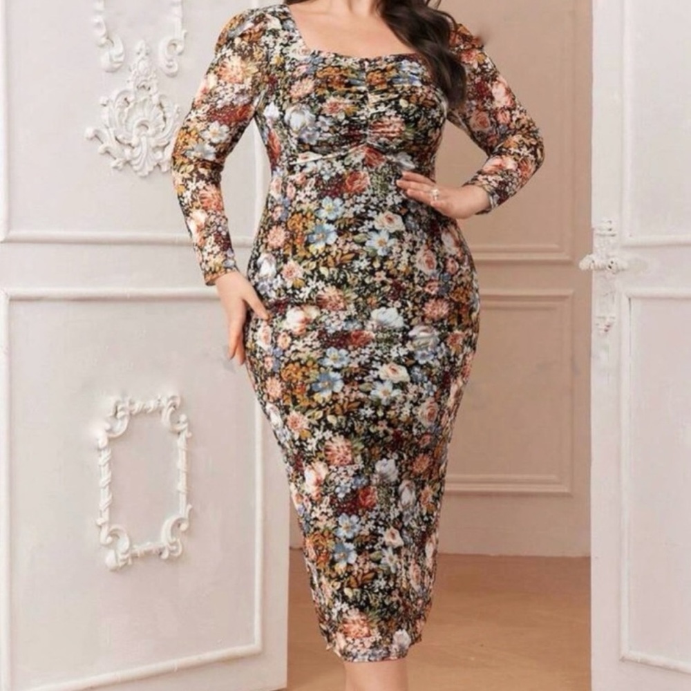 Floral Print Puff Sleeve Dress - Bodycon